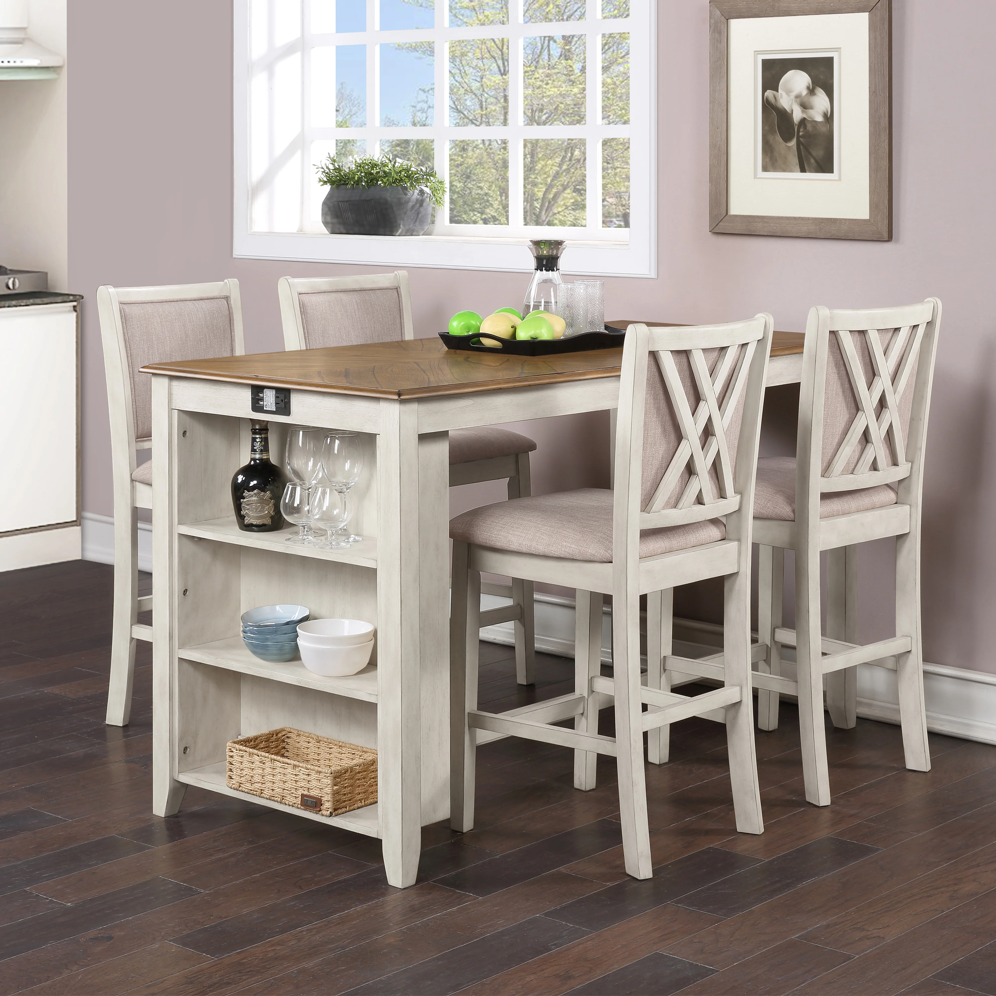 Amy 5 Pc 60" Counter Storage Table+Chairs- Bisque/Brown - Image 9