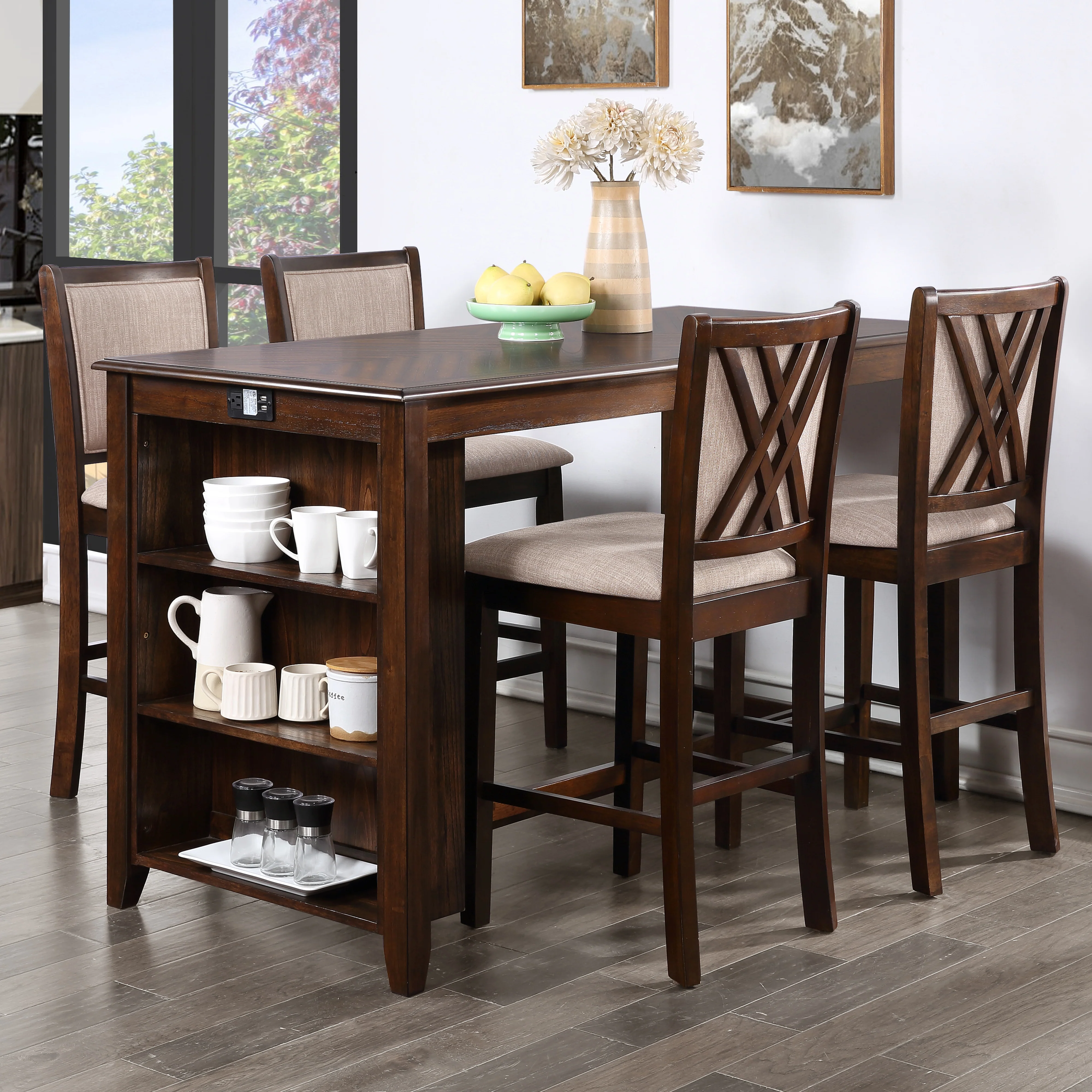 Amy 5 Pc 60" Counter Storage Table+Chairs-Brown Cherry - Image 9