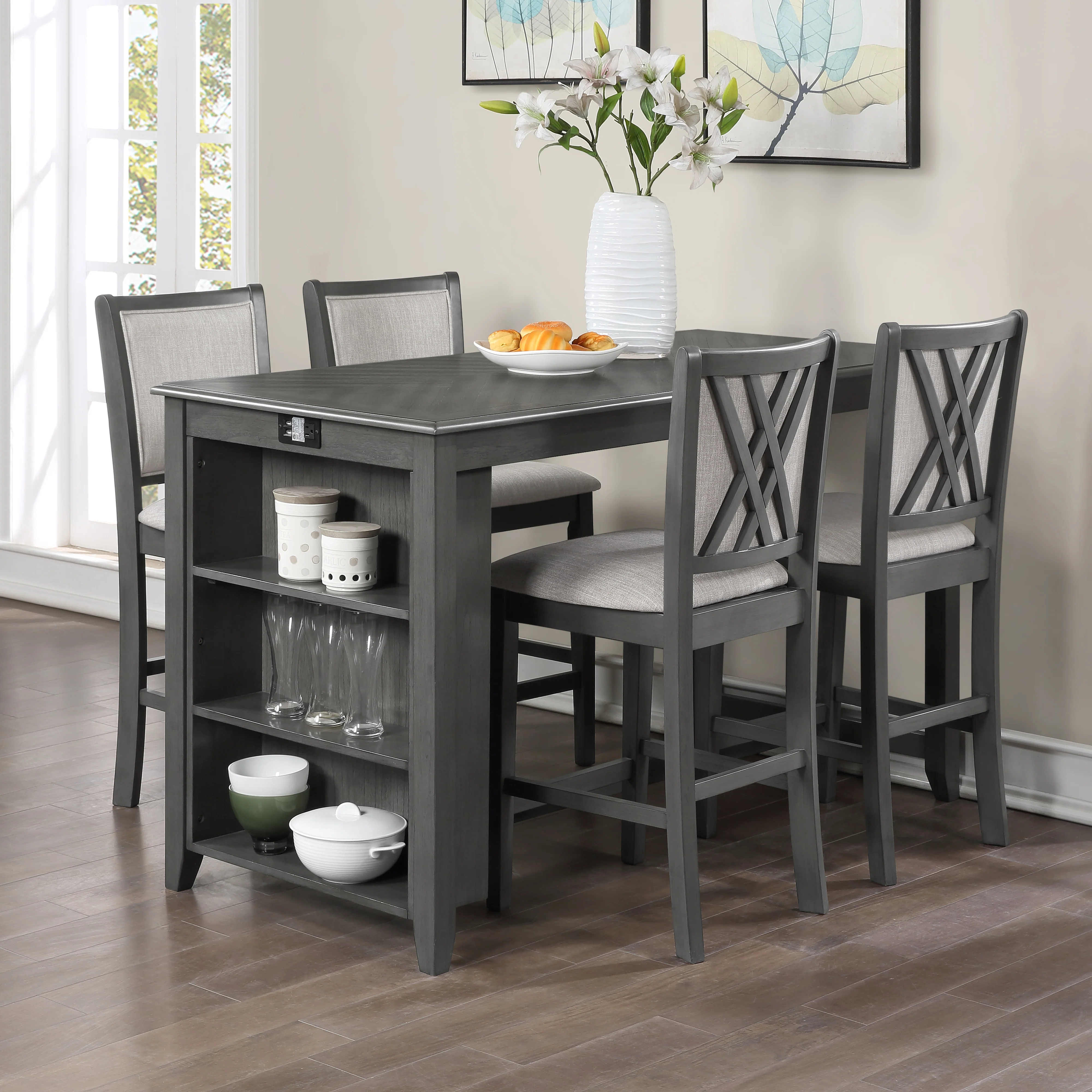 Amy 5 Pc 60" Counter Storage Table+Chairs-Gray - Image 8
