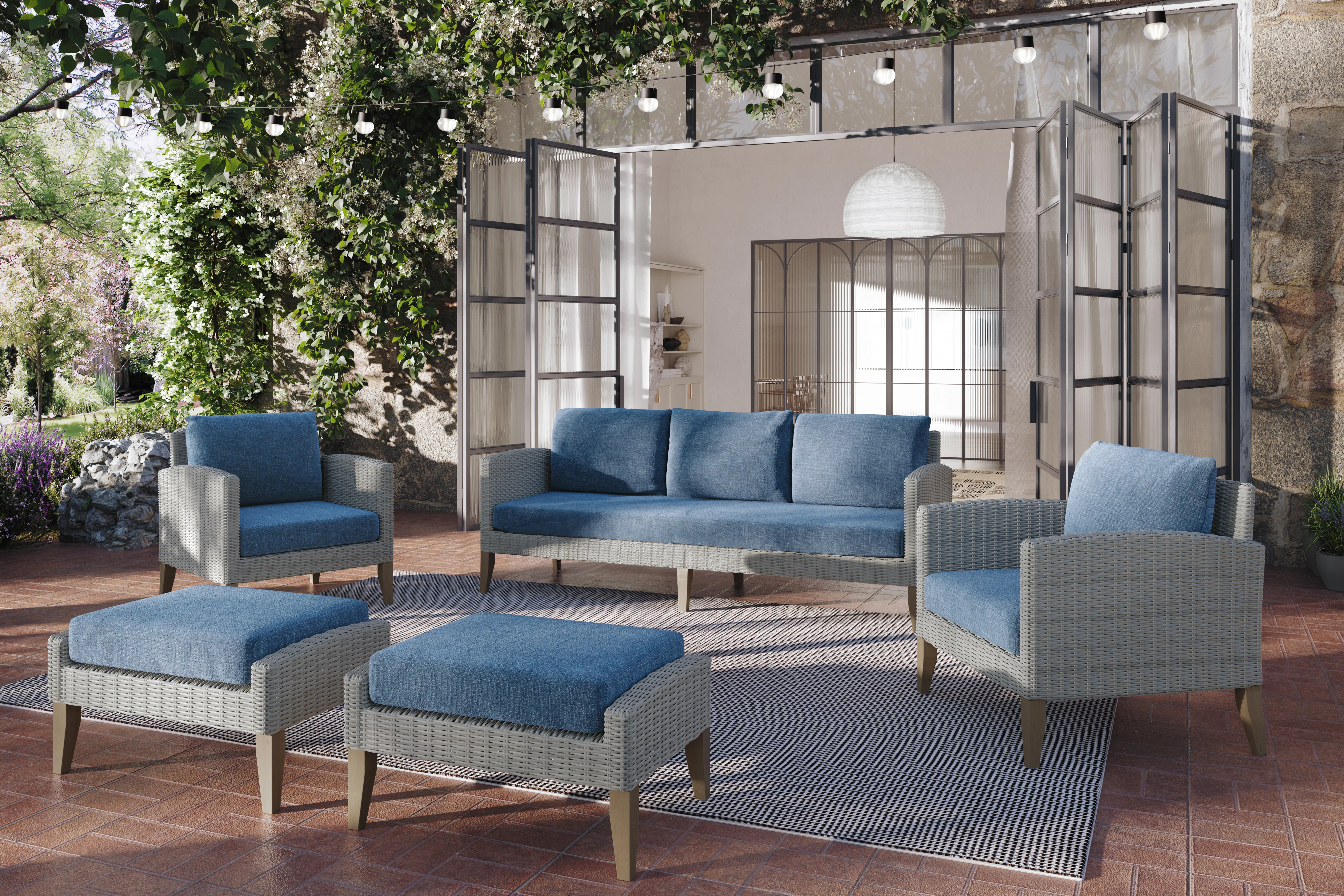Carezza 5 Pc Set - Sofa, 2 Club Chairs, 2 Stools-Dark Blue - Image 8