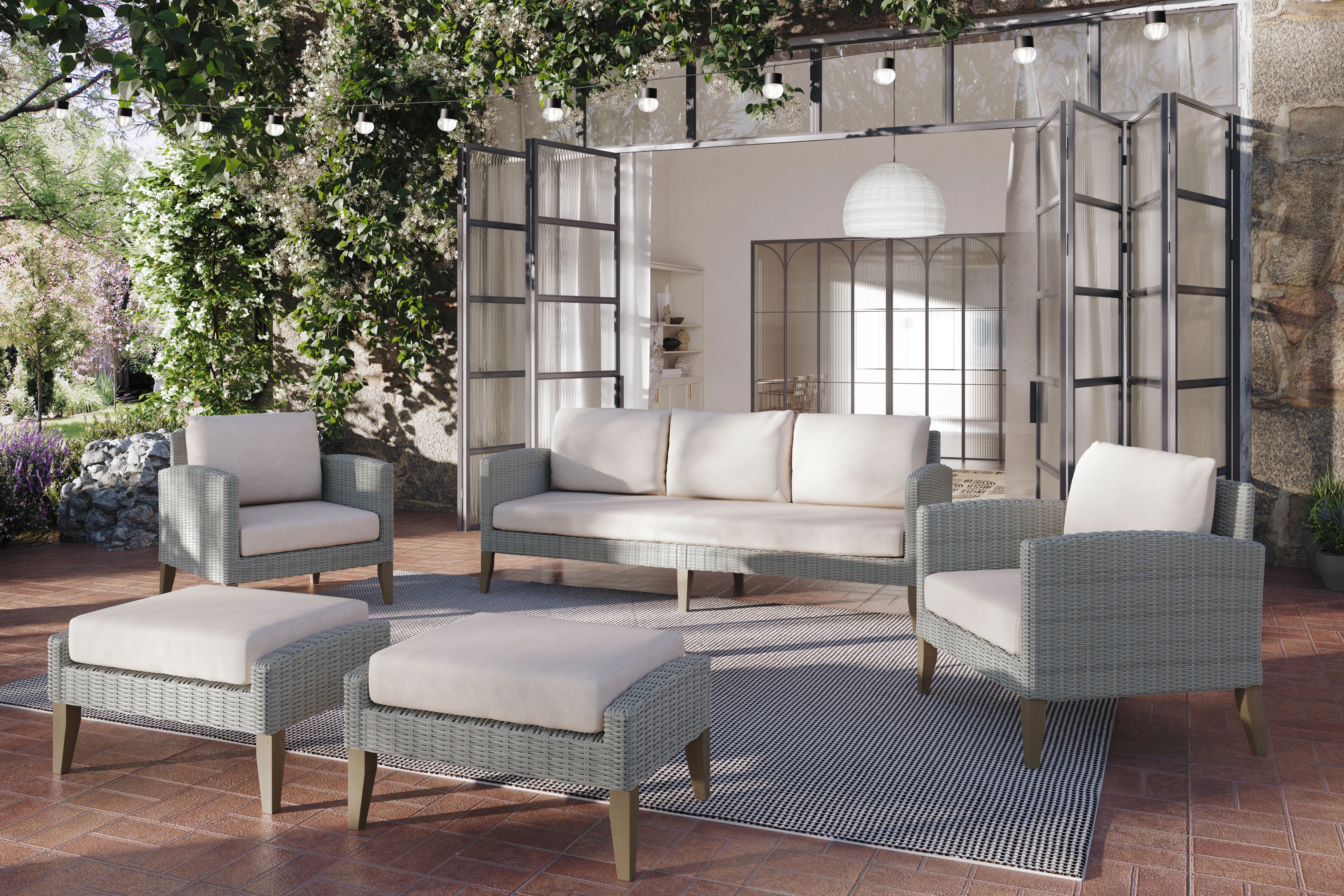 Carezza 5 Pc Set - Sofa, 2 Club Chairs, 2 Stools- Taupe - Image 8
