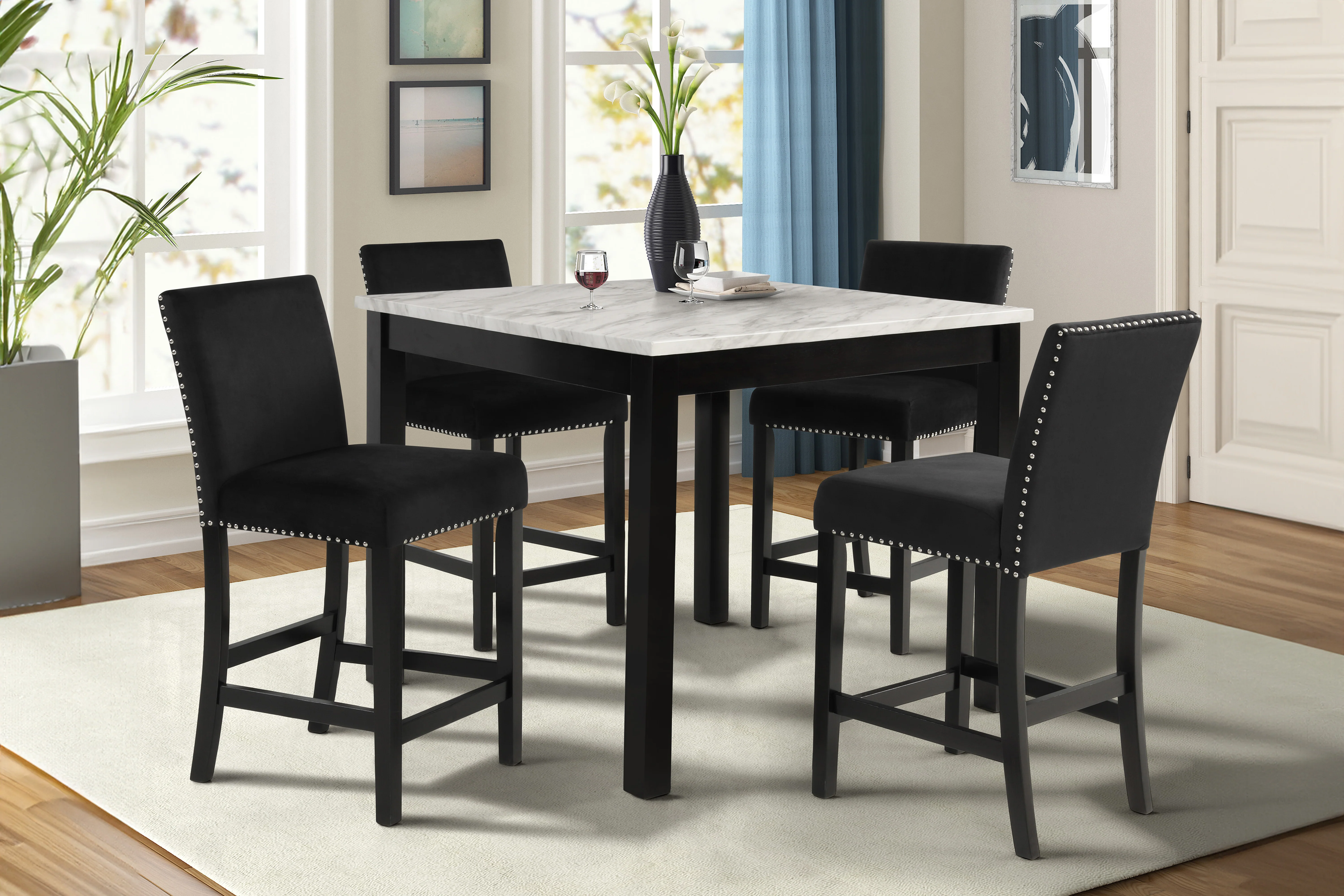 Celeste 5Pc 42" Marble Finish Counter Table & 4 Chairs-Black - Image 9
