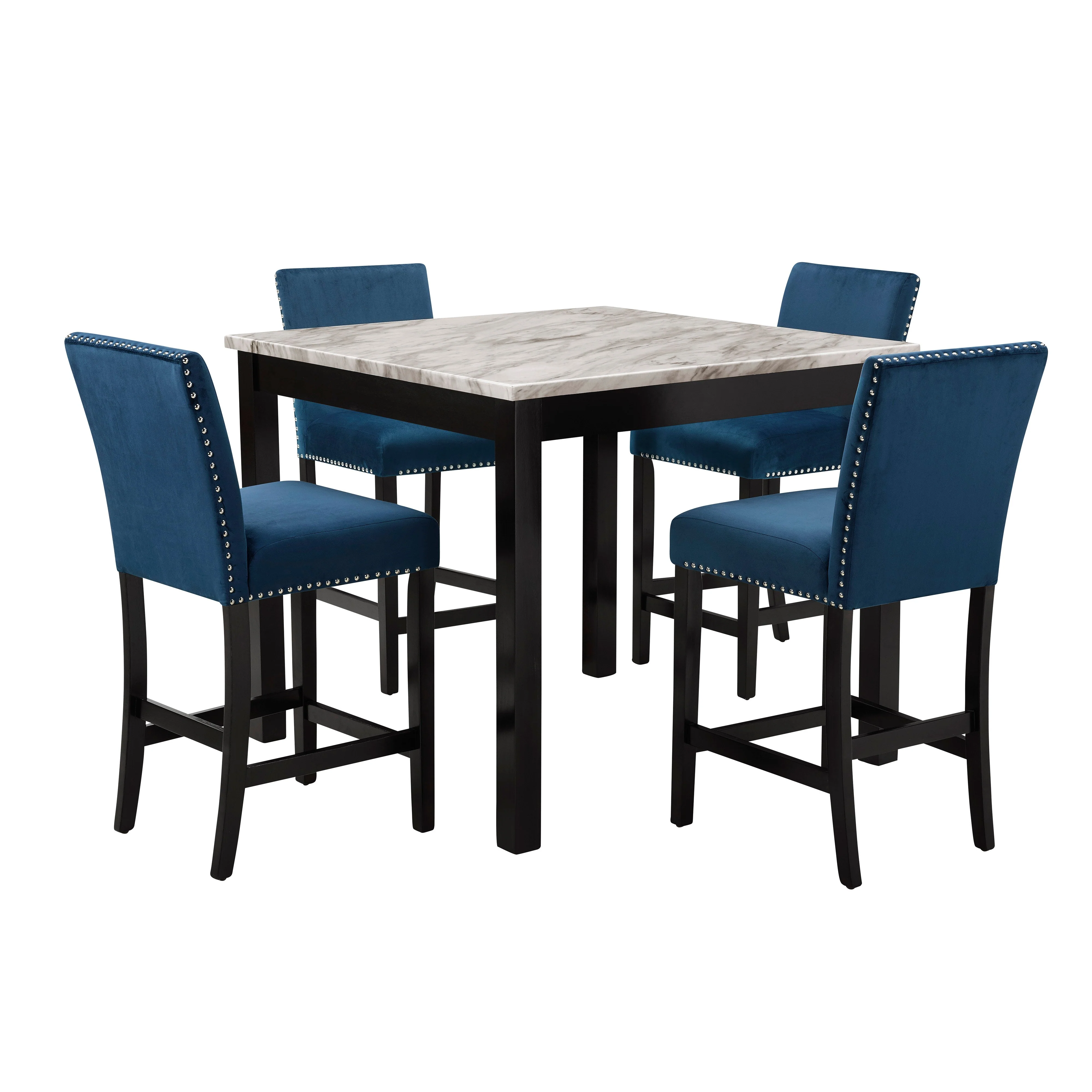 Celeste 5Pc 42" Marble Finish Counter Table & 4 Chairs-Blue - Image 2