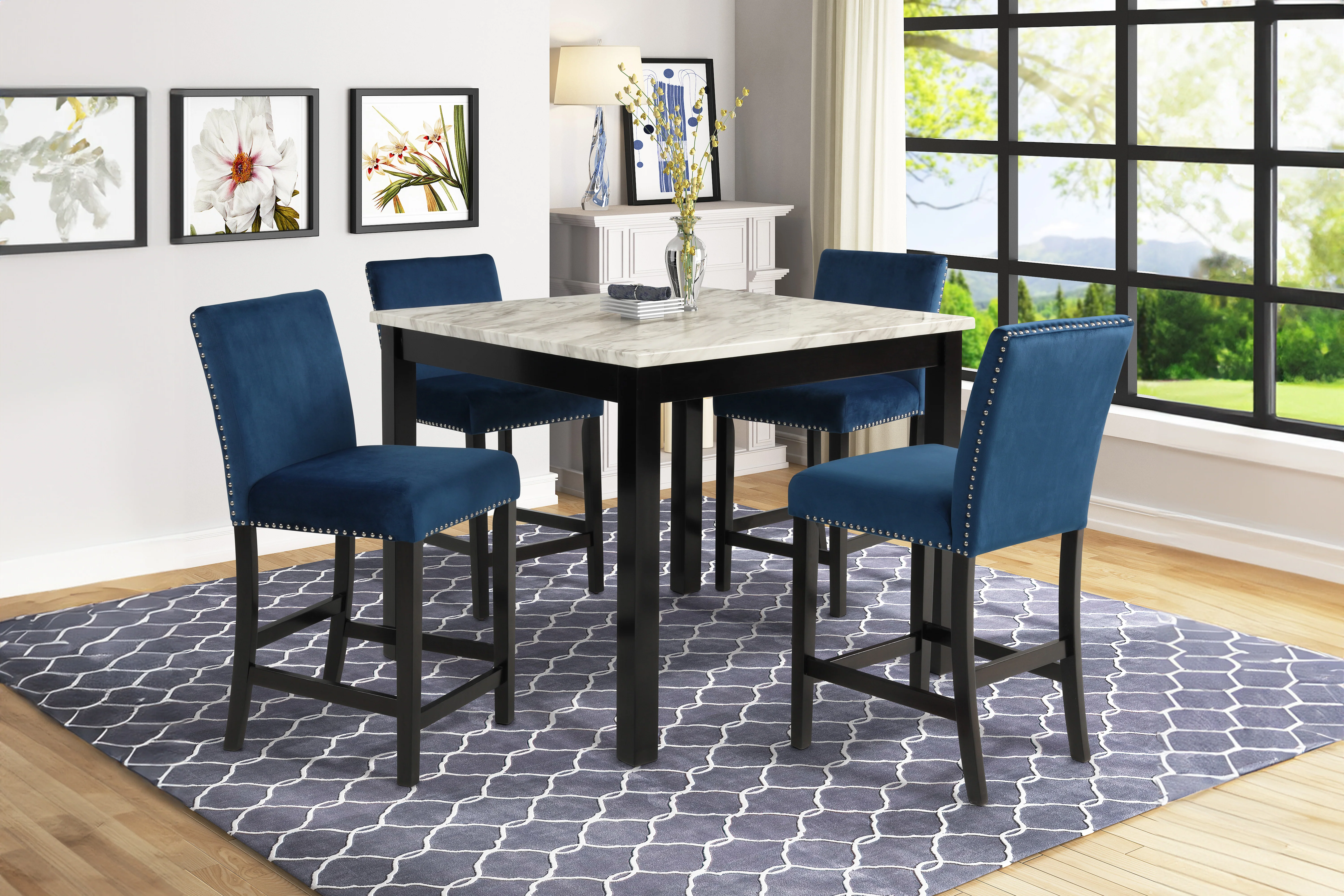 Celeste 5Pc 42" Marble Finish Counter Table & 4 Chairs-Blue - Image 9