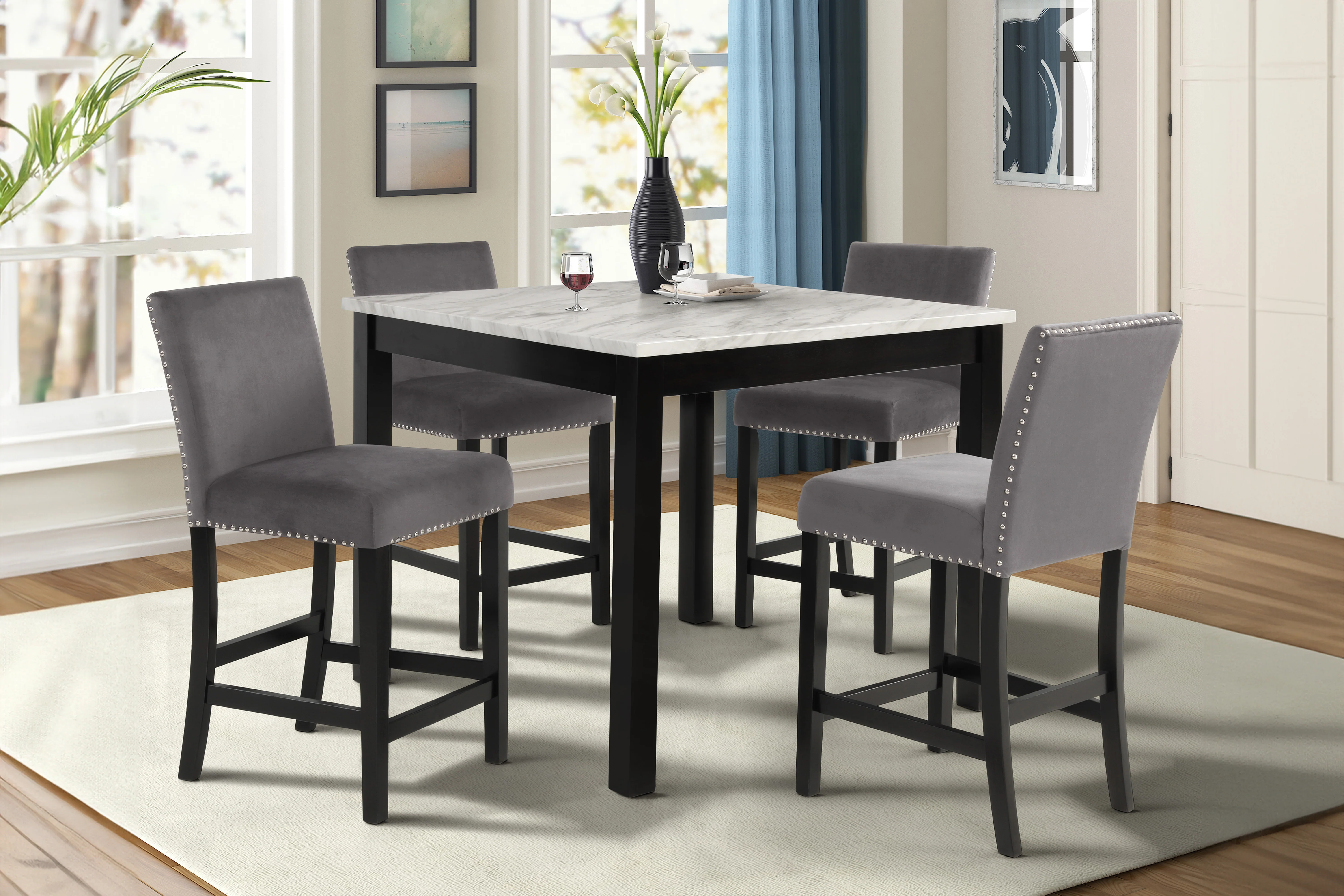 Celeste 5Pc 42" Marble Finish Counter Table & 4 Chairs-Gray - Image 9