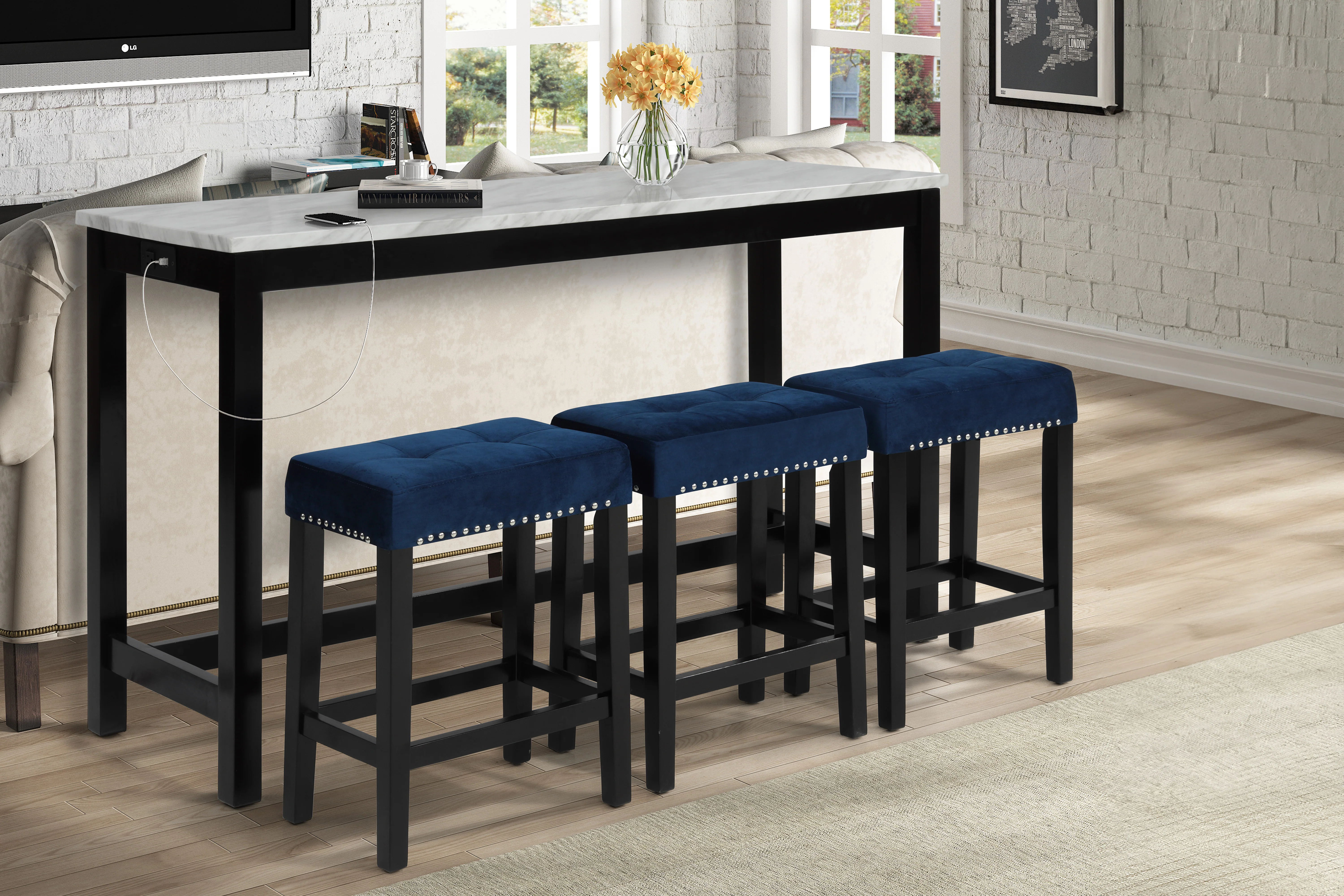 Celeste Theater Bar Table W/ 3 Stools-Blue - Image 9