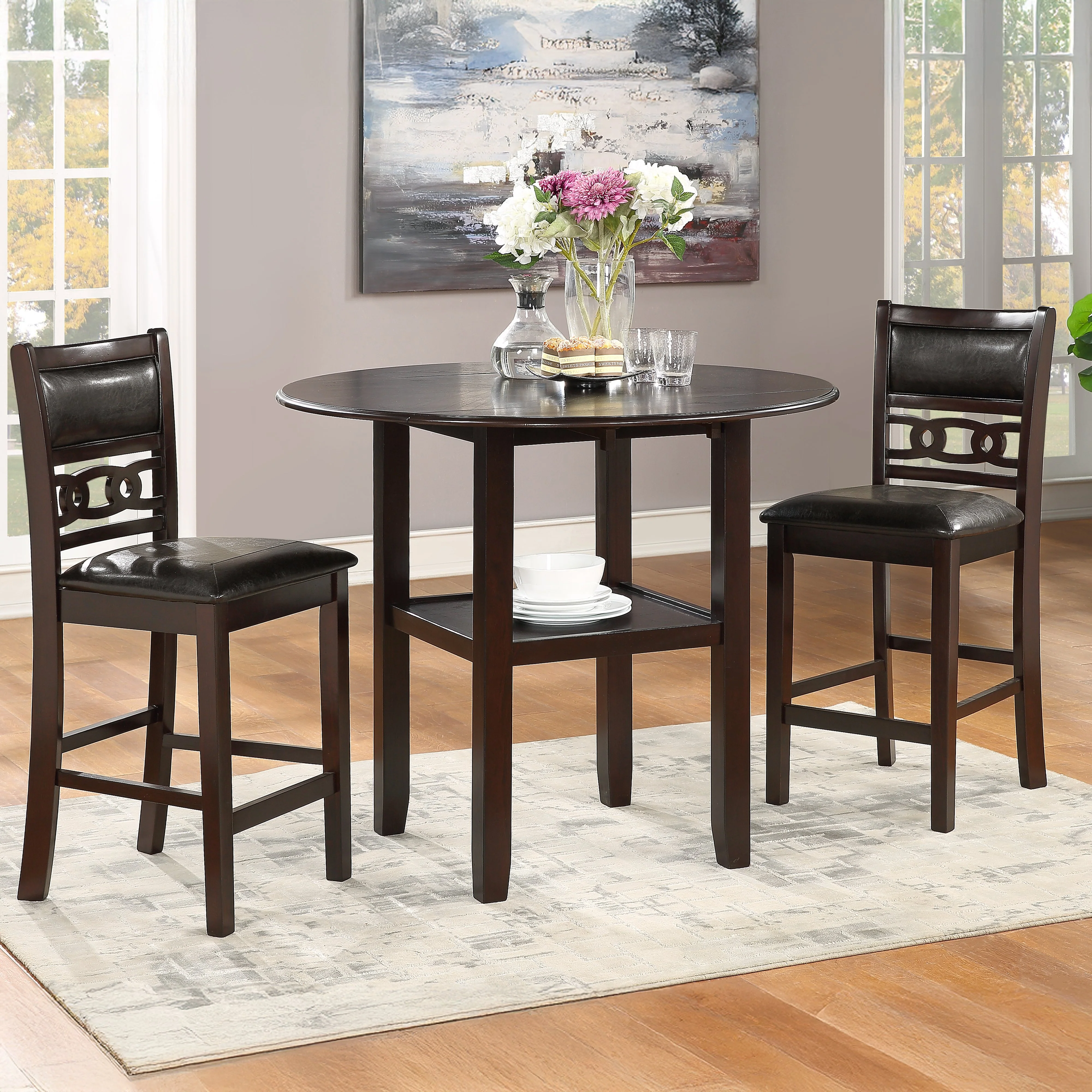 Gia 3 Pc 42" Counter Drop Leaf Table & 2 Chairs-Ebony - Image 7