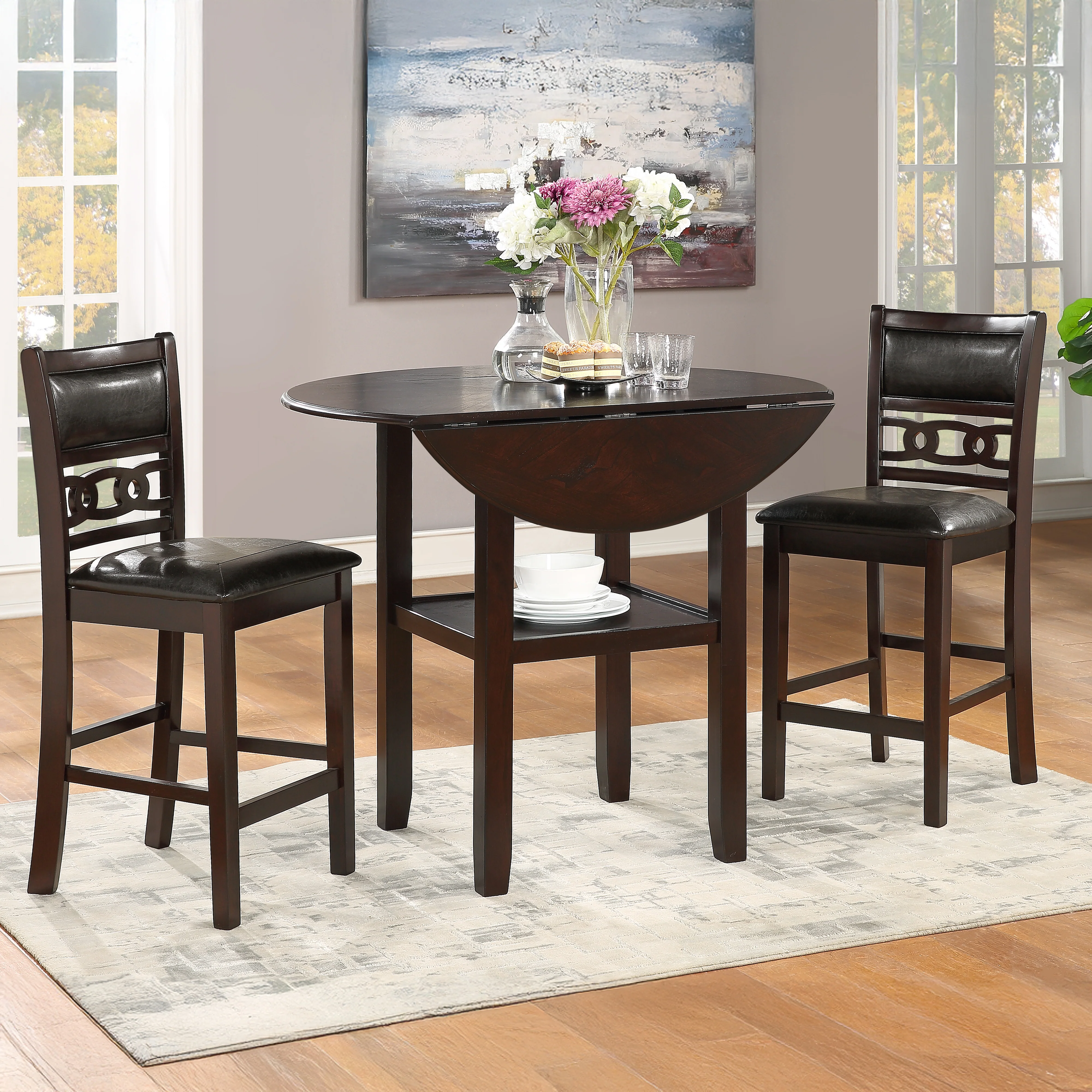 Gia 3 Pc 42" Counter Drop Leaf Table & 2 Chairs-Ebony - Image 8