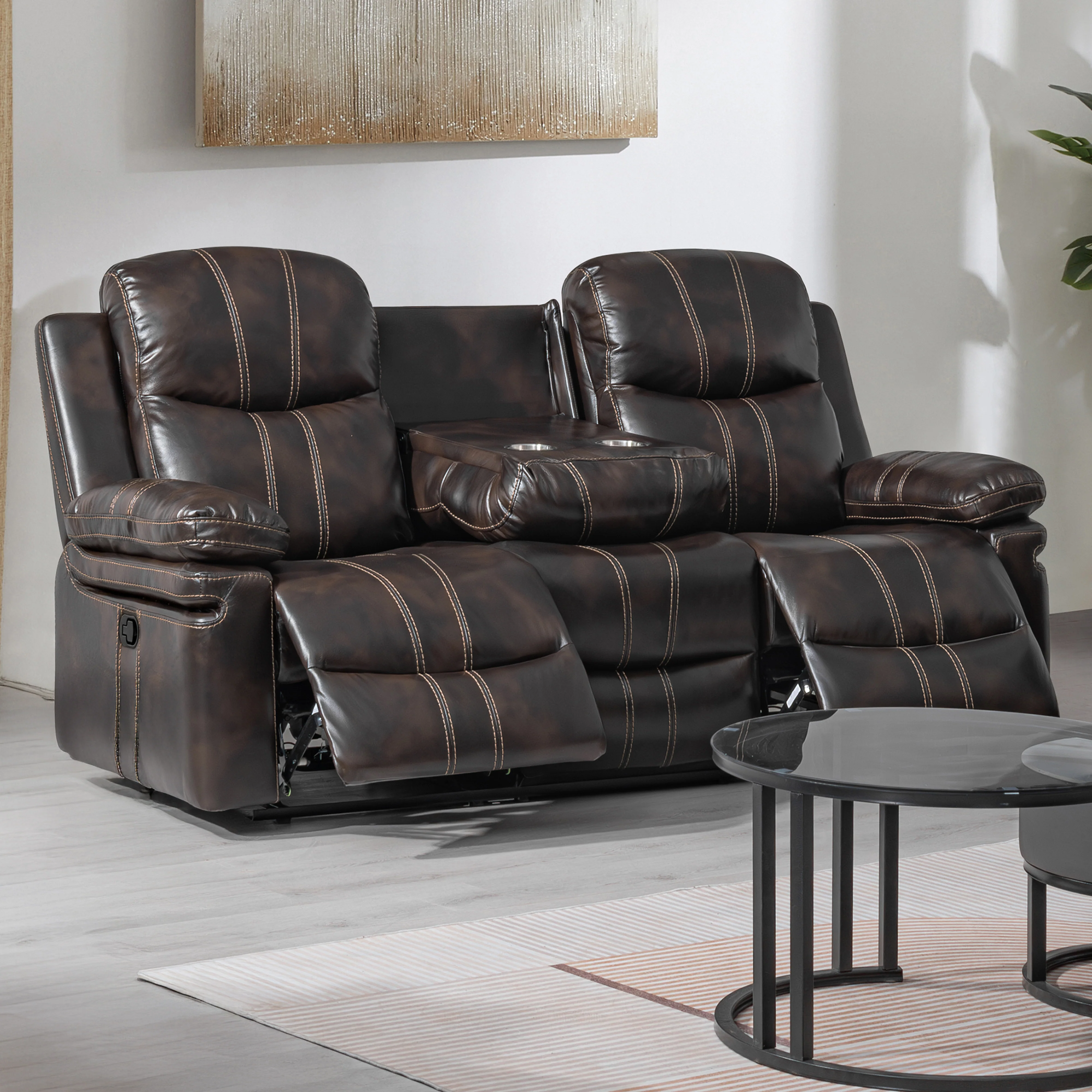 Kellen Sofa W/Dual Recliner & Drop Down Tray-Brown - Image 7