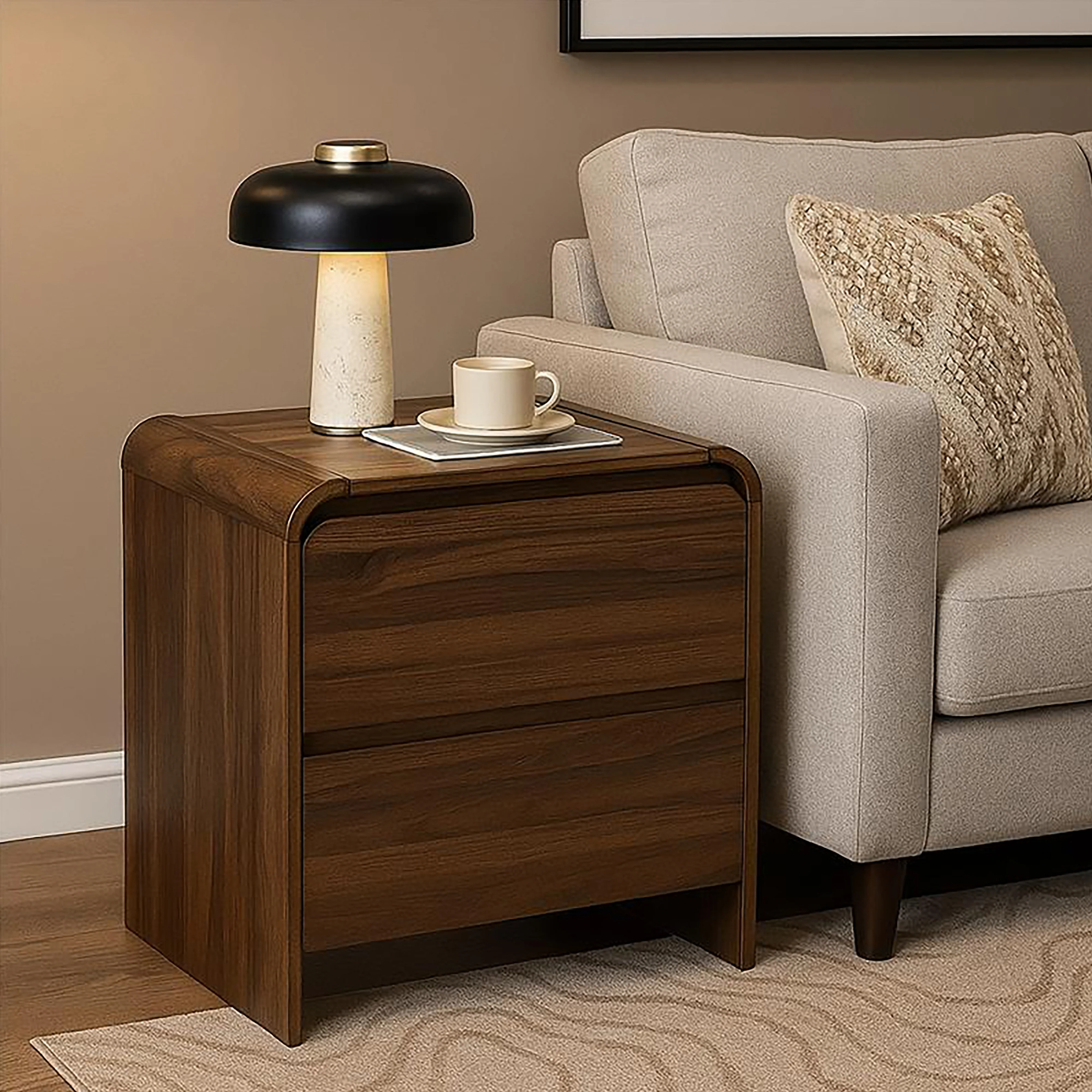 Mara Two Drawer End Table / Bedside Table-Walnut - Image 9