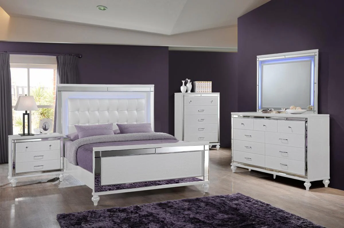 New Classic Furniture Valentino Queen Upholstered Lighted Bed in White - Image 2