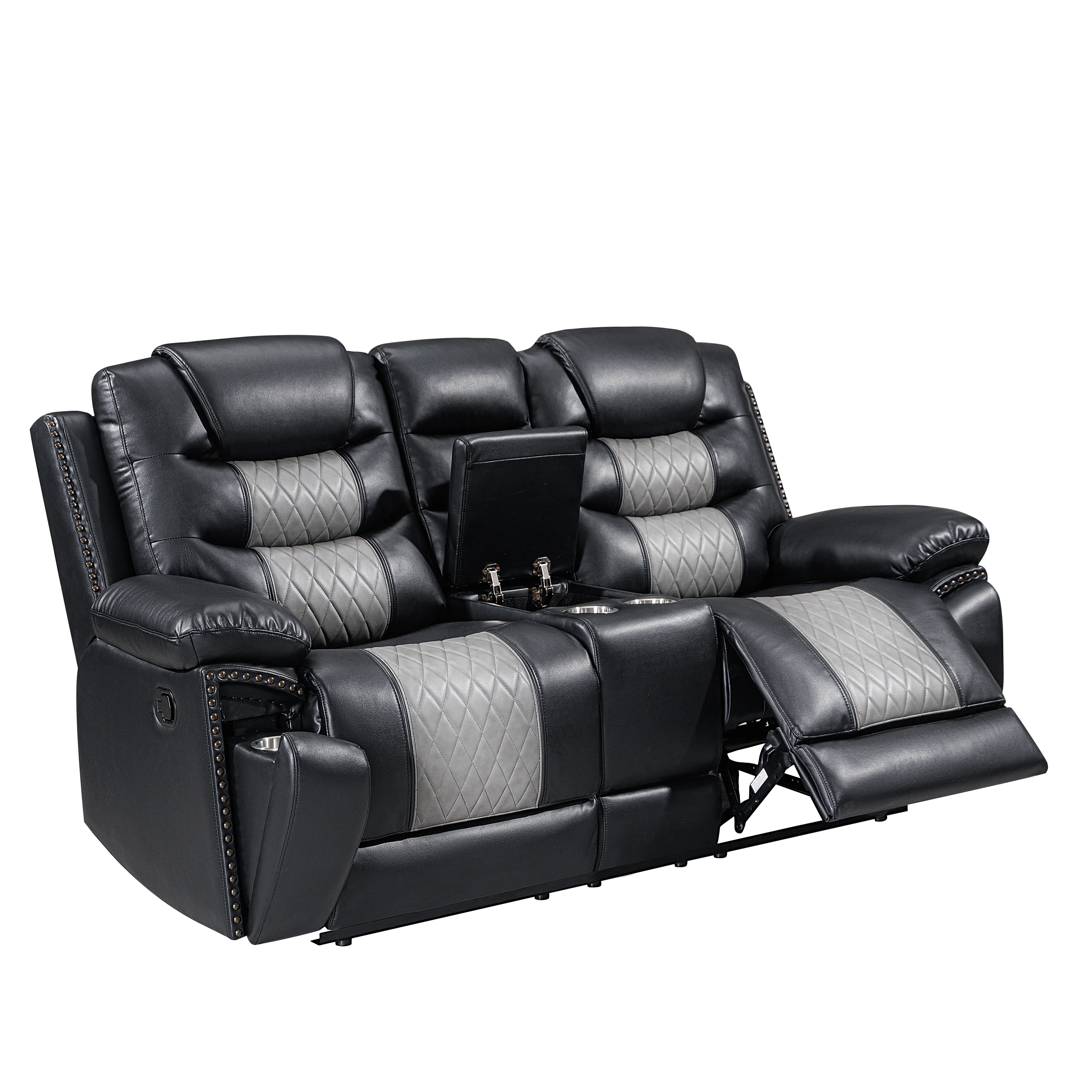 Nikko Console Loveseat W/ Dual Recliners-Black/Gray - Image 3