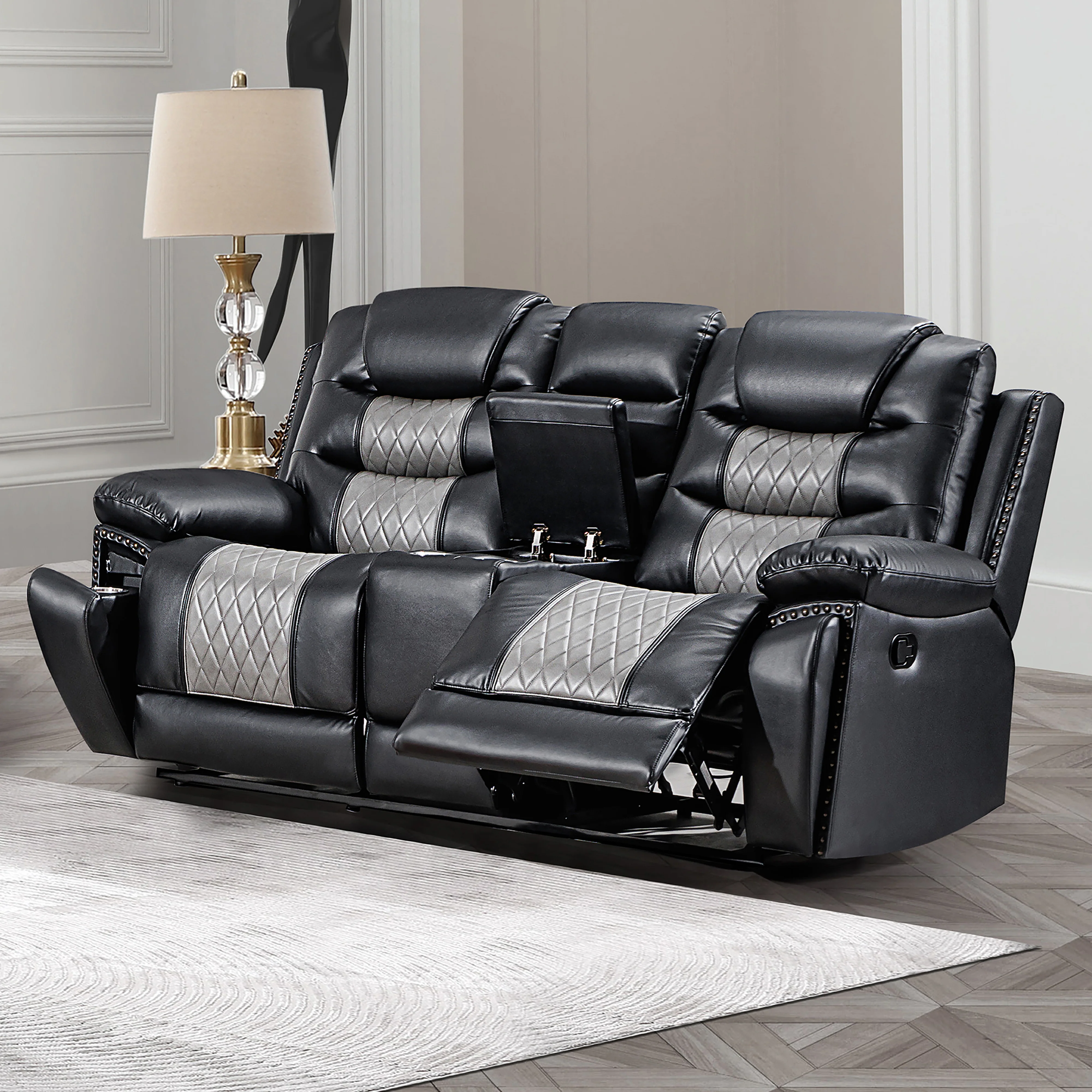 Nikko Console Loveseat W/ Dual Recliners-Black/Gray - Image 9