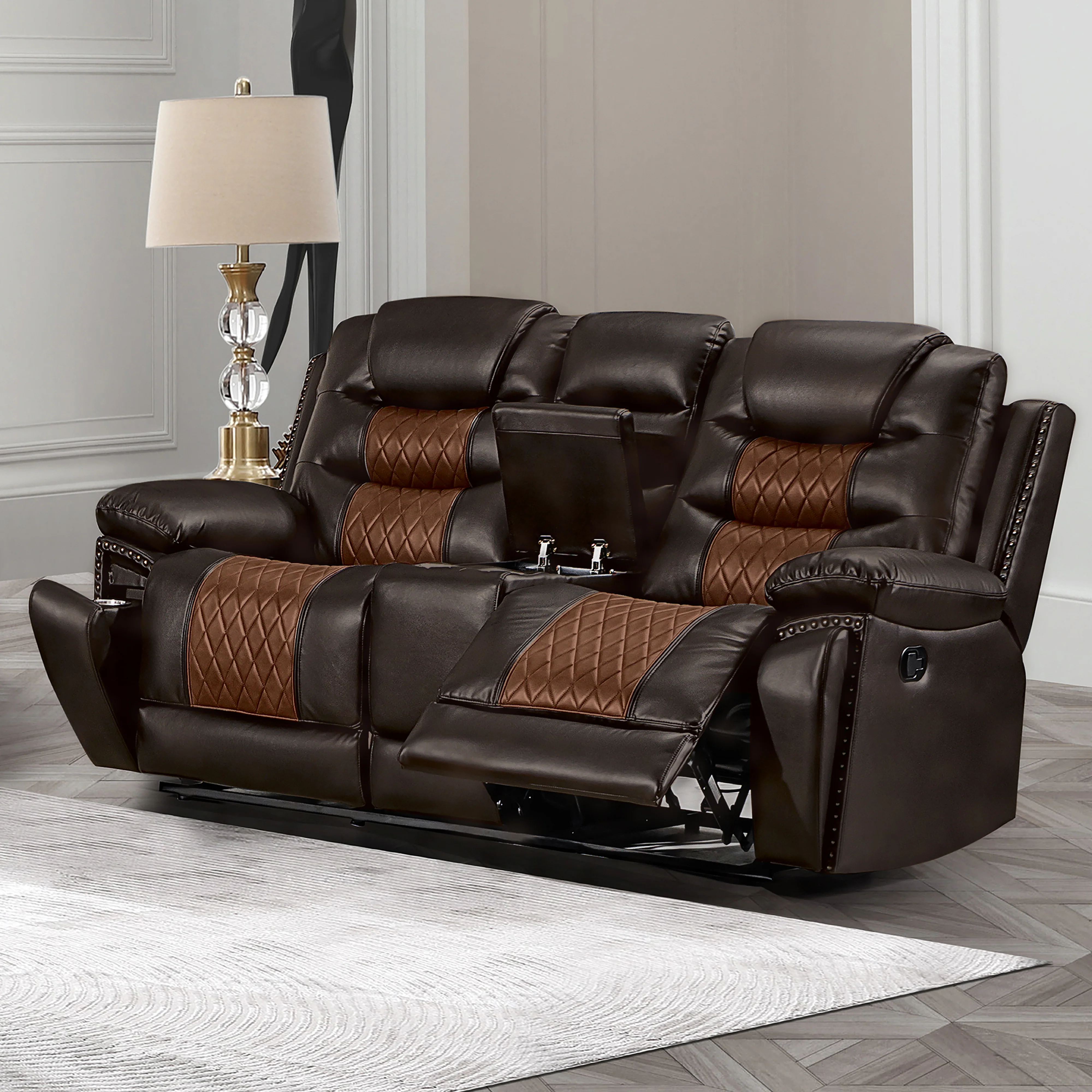 Nikko Console Loveseat W/ Dual Recliners-Brown - Image 9