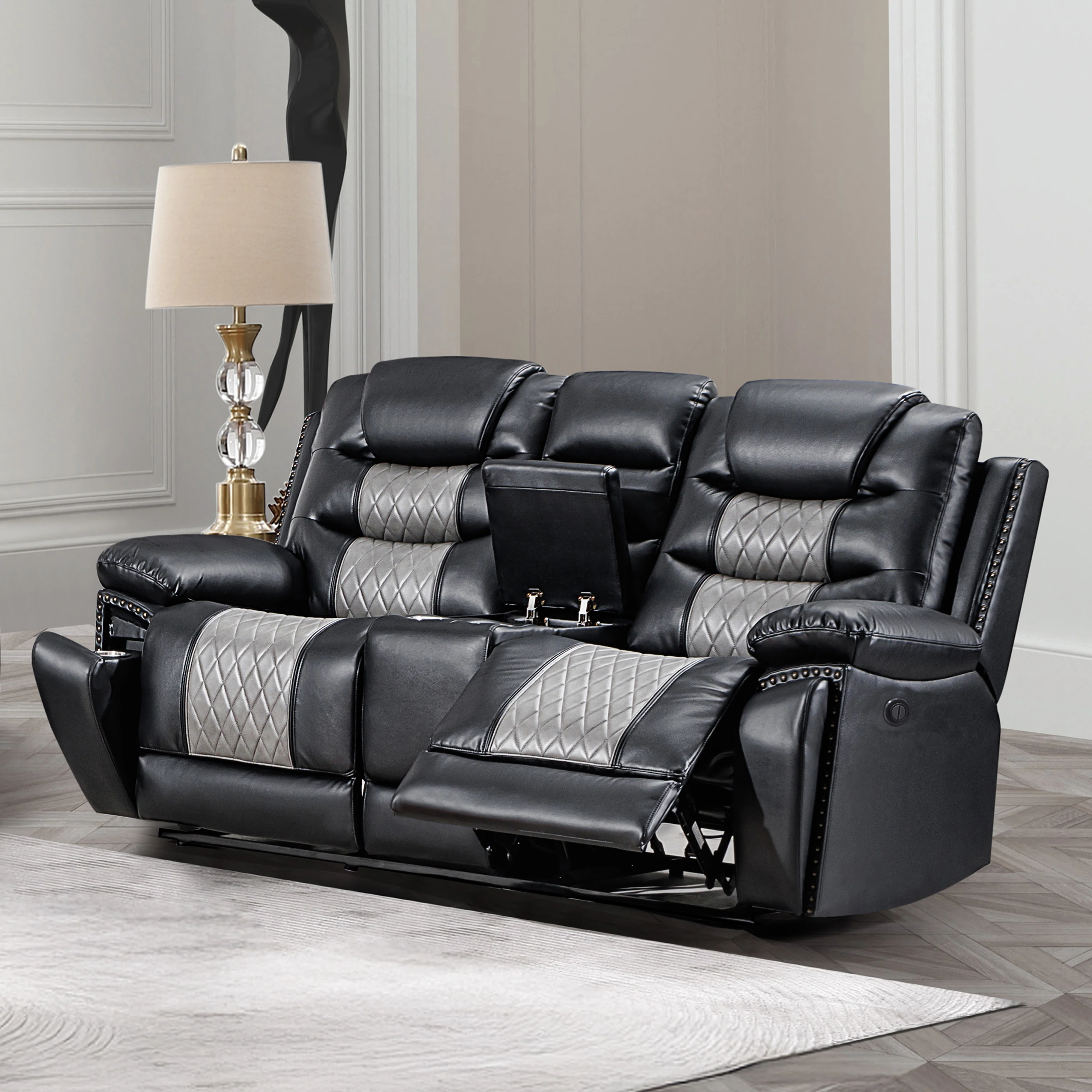 Nikko Console Loveseat W/Pwr Fr-Black/Gray - Image 9