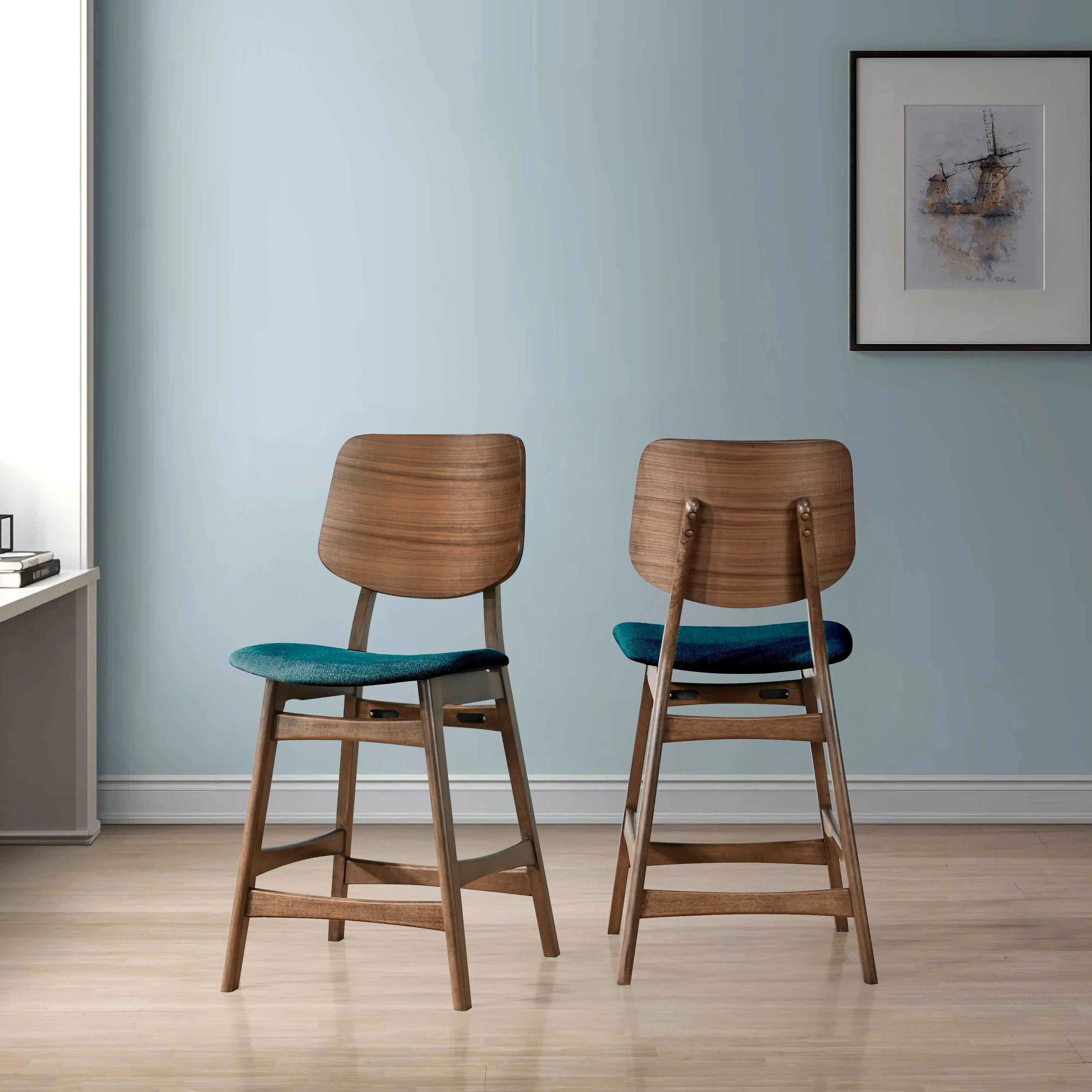 Oscar Counter Chair With Forest Green Cushion-Walnut - Image 8