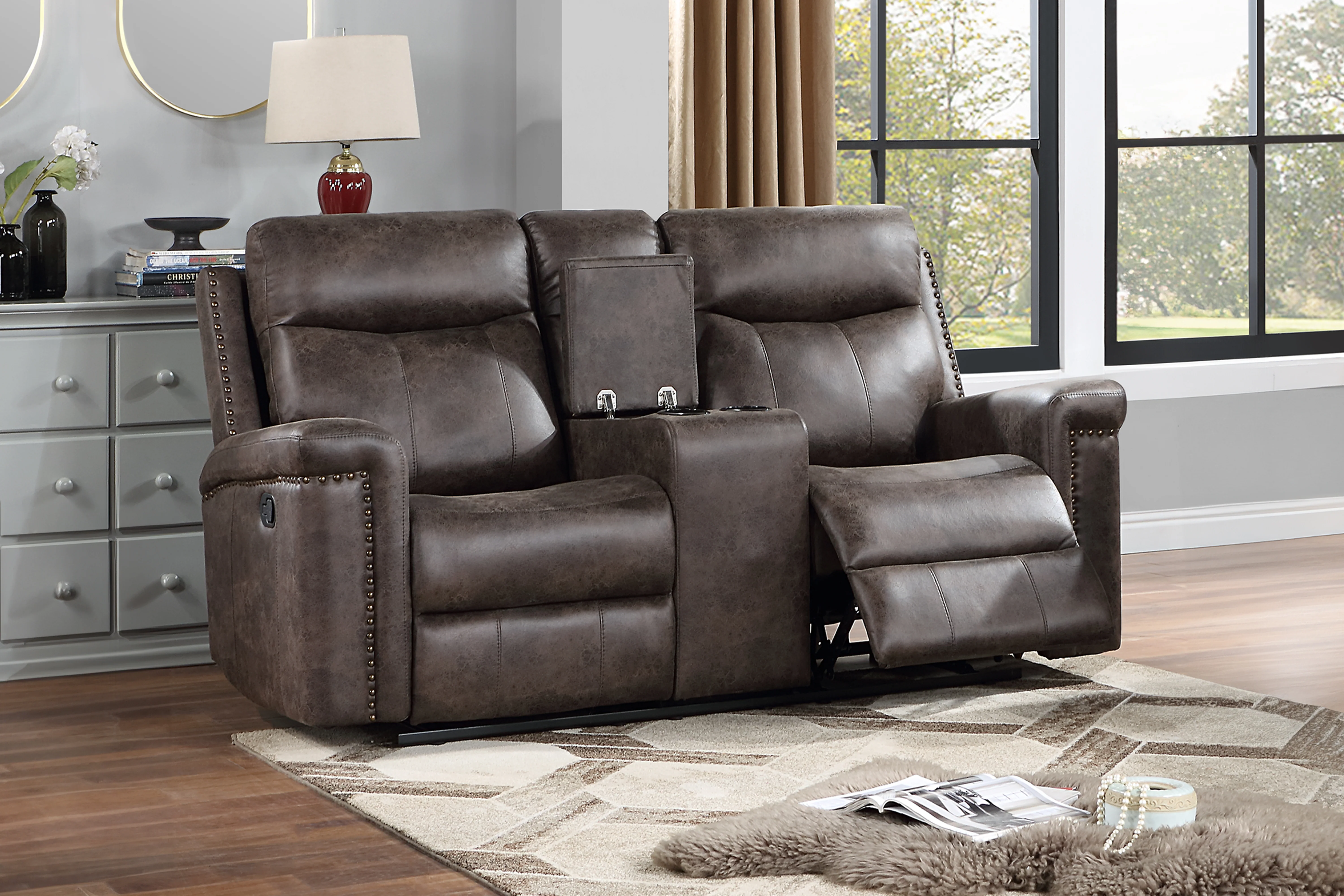 Quade Console Loveseat W/ Dual Recliners-Mocha - Image 9