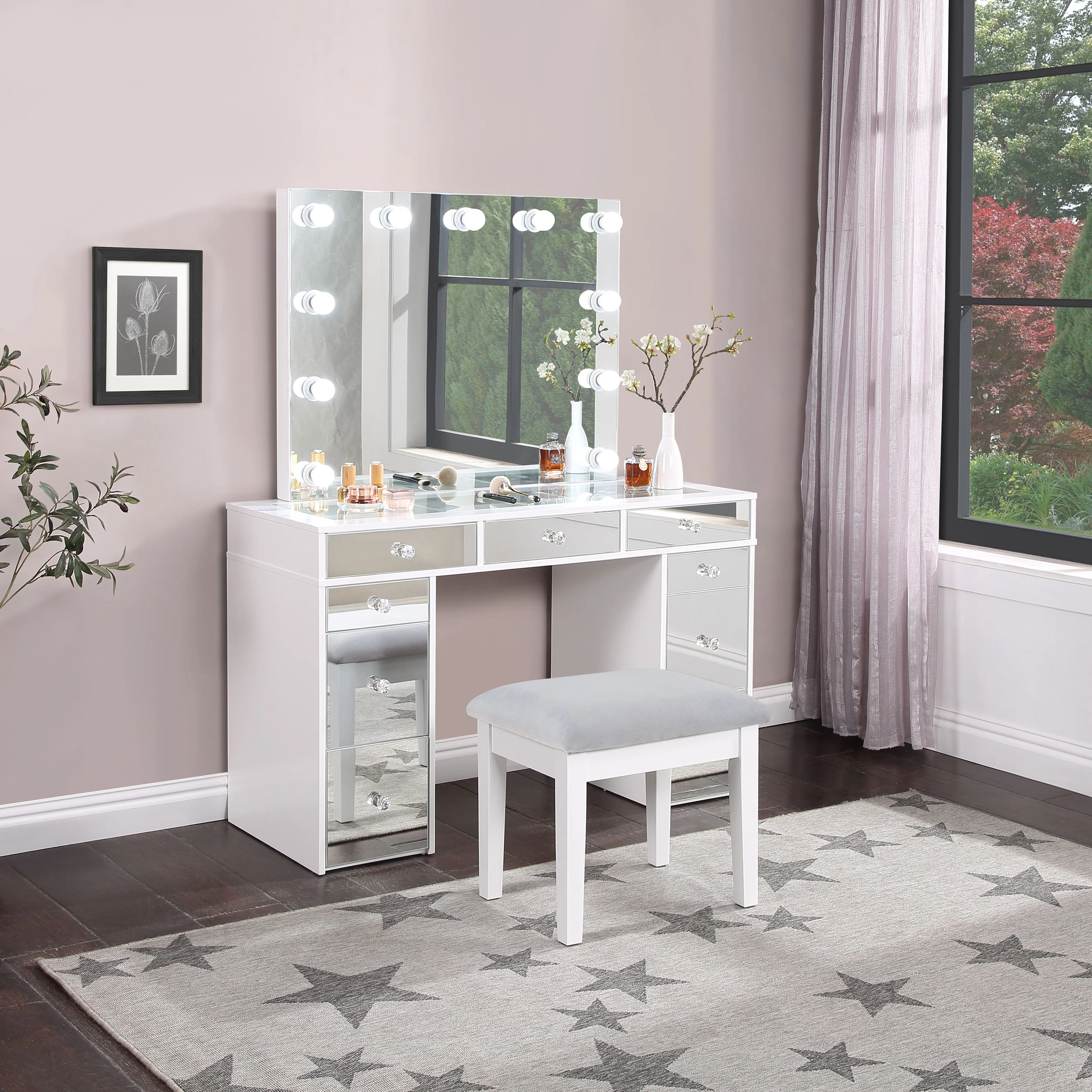 Regina Makeup Vanity Table with LED Mirror and Stool - Image 2