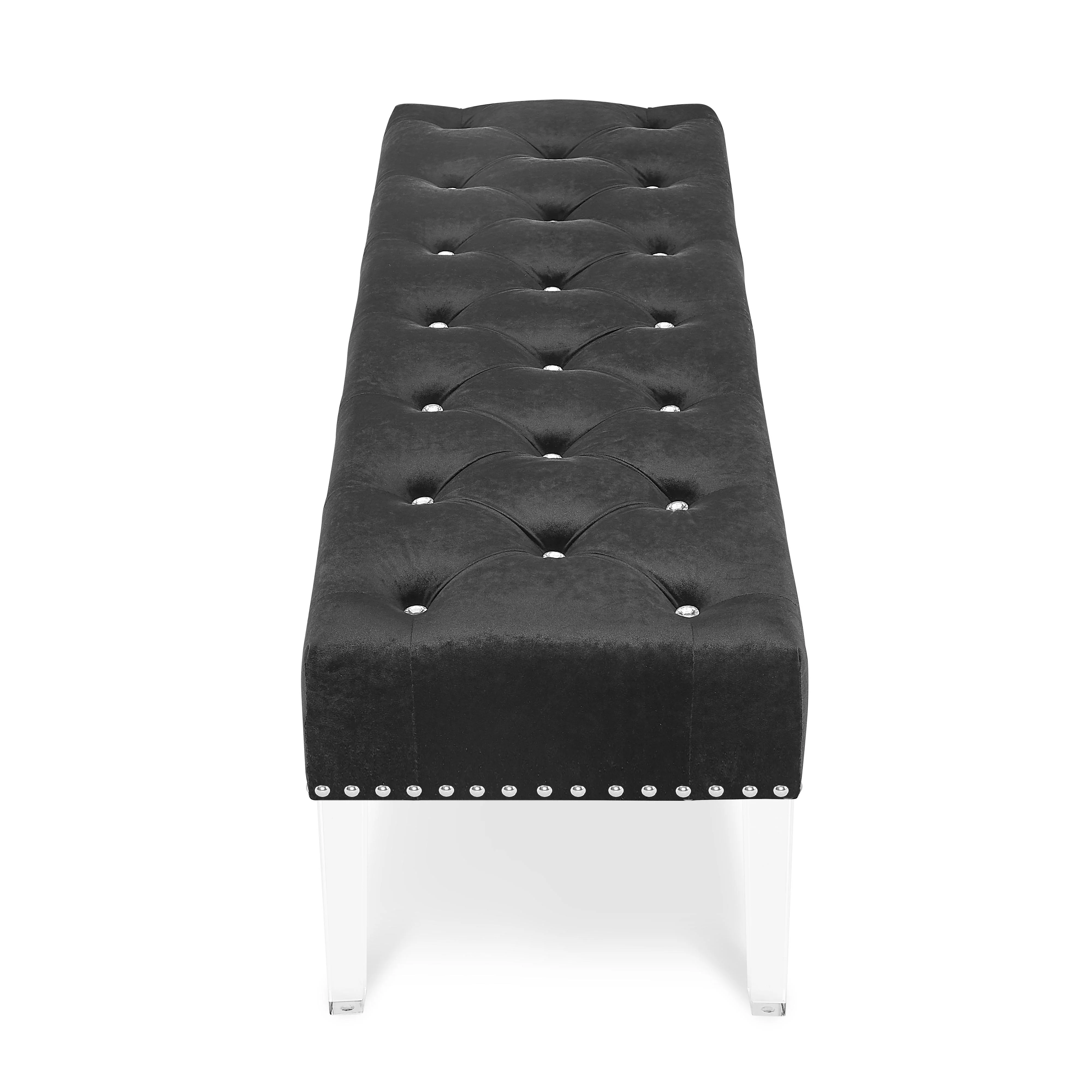 VIVIAN BLACK VELVET BENCH WITH CRYSTAL BUTTONS - Image 3