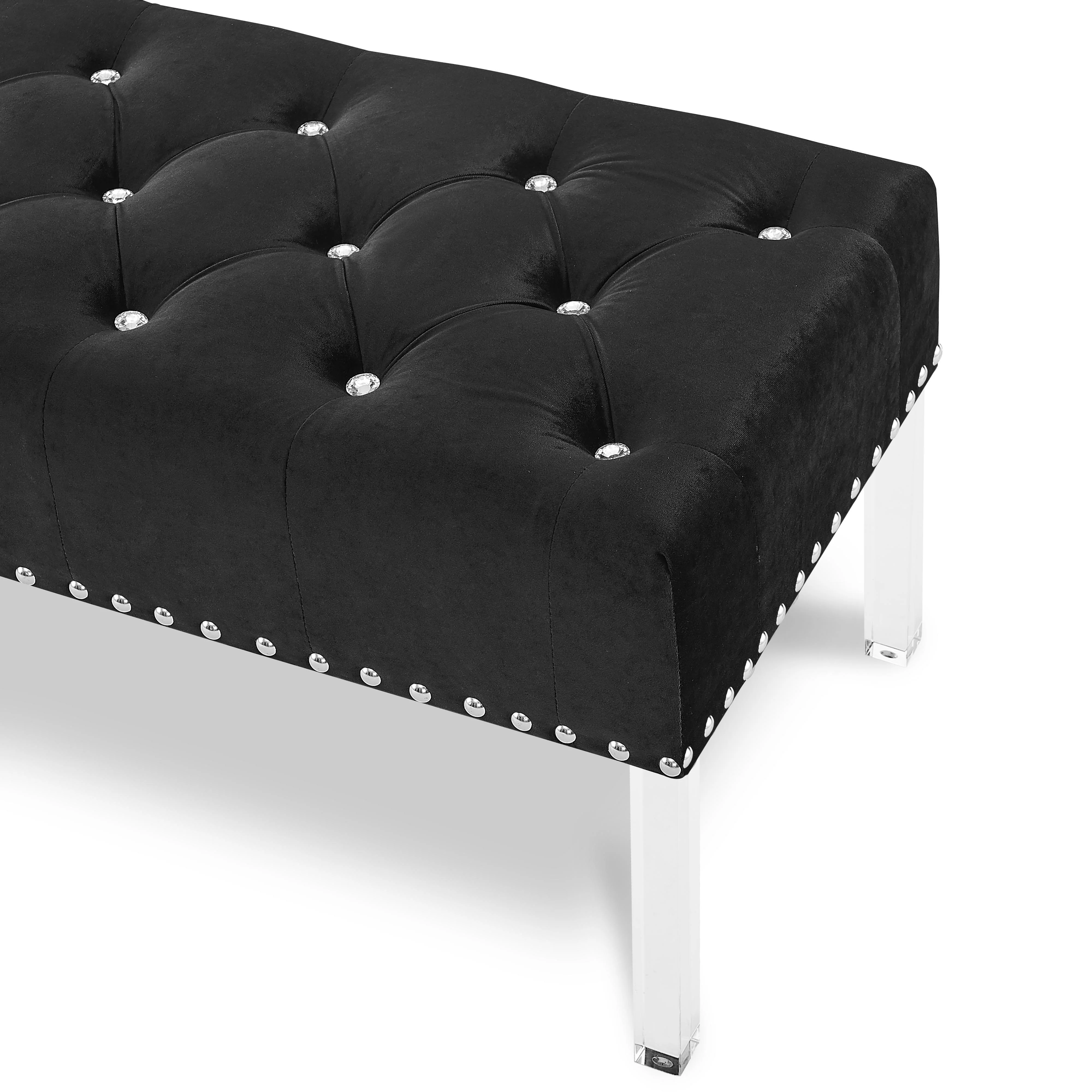 VIVIAN BLACK VELVET BENCH WITH CRYSTAL BUTTONS - Image 4