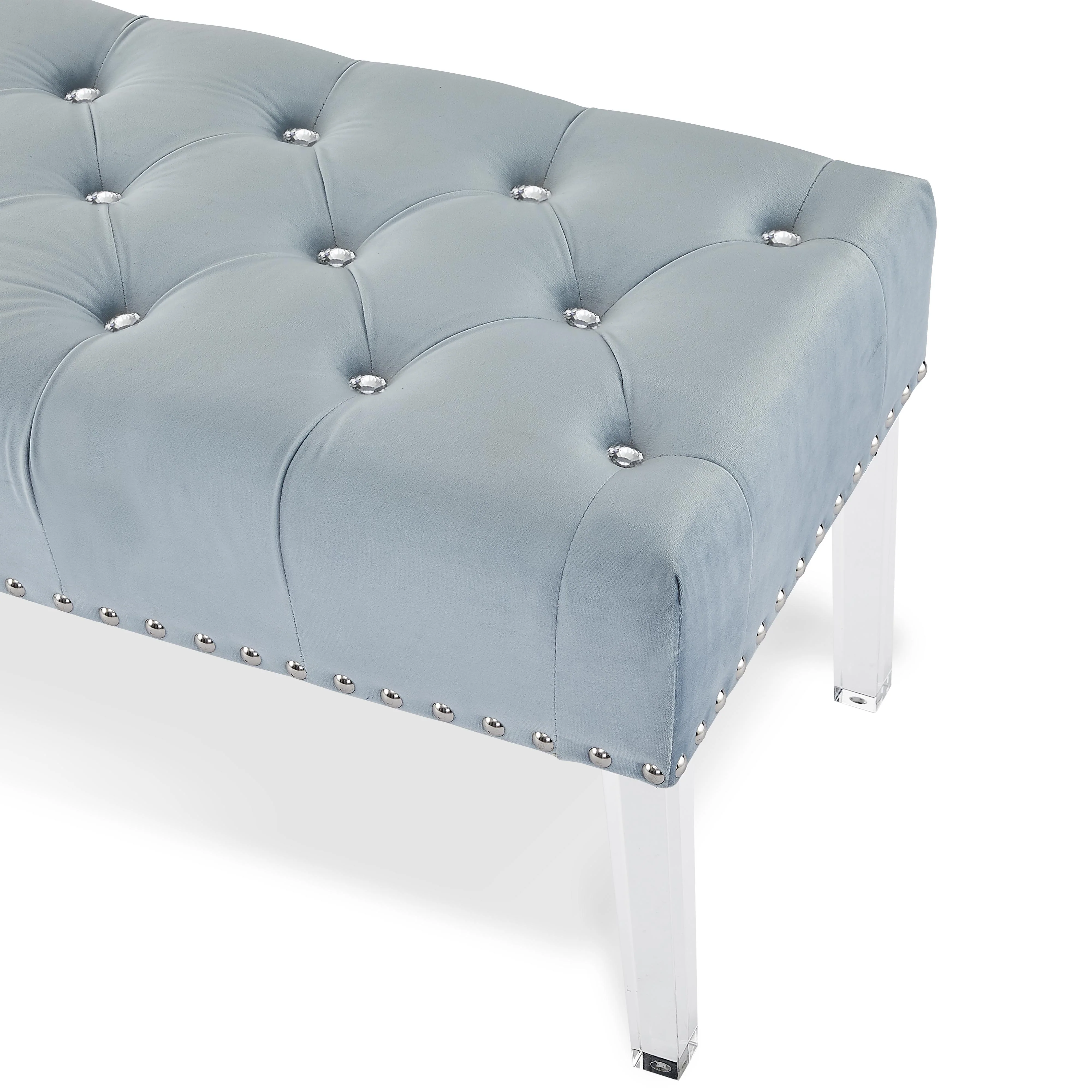 VIVIAN LIGHT BLUE VELVET BENCH WITH CRYSTAL BUTTONS - Image 4